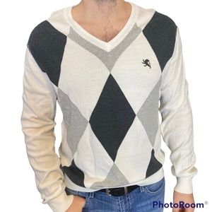 Express Ivory V-Neck Argyle Long Sleeve Sweater XL